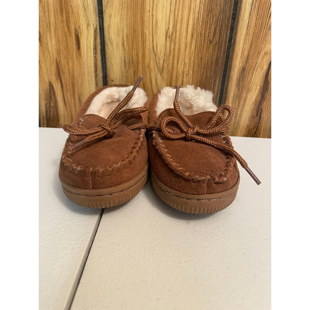 Lamo size 11 faux fur fuzzy slippers suede tan chestnut tie kids